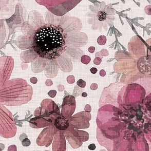 Hand Painted Floral- Rose Pink- Spring- Ditsy Indigo Flowers- Mauve- Soft Pink Wallpaper- Multidirectional Monochromatic Floral-Large