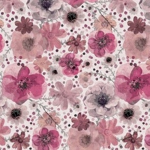 Hand Painted Floral- Rose Pink- Spring- Ditsy Indigo Flowers- Mauve- Soft Pink Wallpaper- Multidirectional Monochromatic Floral-Small