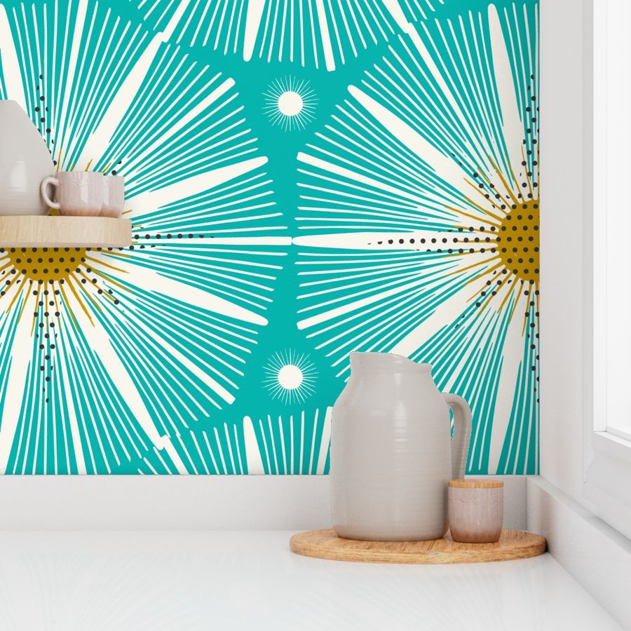 Supernova - Retro Starburst Geometric Aqua Ivory Yellow Large Scale