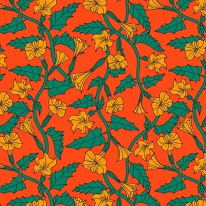 Poisonous Angels Trumpet Floral Pattern in Bright Hot Scarlet Red, Orange, Green
