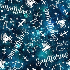 Large Scale Sagittarius Zodiac Astrology Symbols on Teal Galaxy