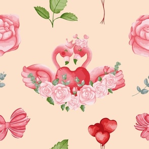 Darling Soft Valentine Watercolor Flaminigos in Love on a Bed of Roses