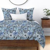 Hand painted Floral Blue Dark Background - Spring- Ditsy Indigo Flowers- Tranquil Blue- Soft Blue Wallpaper Multidirectional-Large