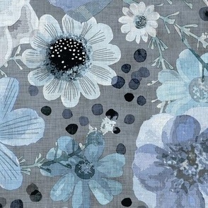 Hand painted Floral Blue Dark Background - Spring- Ditsy Indigo Flowers- Tranquil Blue- Soft Blue Wallpaper Multidirectional-Large