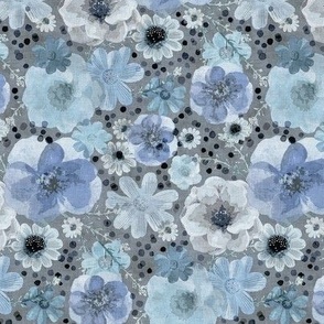 Hand painted Floral Blue Dark Background - Spring- Ditsy Indigo Flowers- Tranquil Blue- Soft Blue Wallpaper Multidirectional-Small
