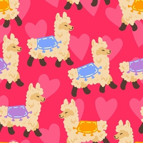 Kawaii Cute Llama Love Adorable Animals on Cerise Magenta Valentine Hearts