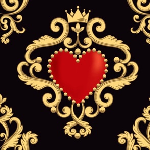 Rococo Golden Filigree on Black with Red Hearts Cabochon Centers