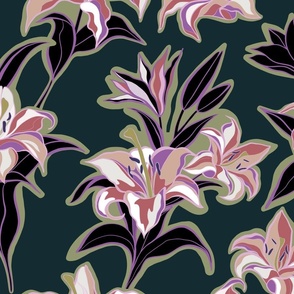 Large - Maximalist Lilies, poisonous plants 5. muted dark teal