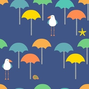 Seagulls and Starfish with Beach Umbrellas in Horizontal Rows on Blue