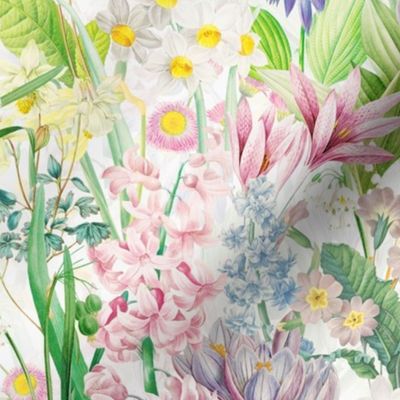 Nostalgic Hand Painted Antique Springflowers Antiqued Daffodil, Vintage Crocus, Lily Primula, Double Layer off white