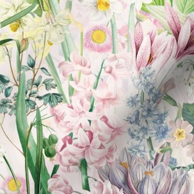 Nostalgic Hand Painted Antique Springflowers Antiqued Daffodil, Vintage Crocus, Lily Primula, Double Layer blush