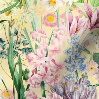 Nostalgic Hand Painted Antique Springflowers Antiqued Daffodil, Vintage Crocus, Lily Primula, Double Layer yellow