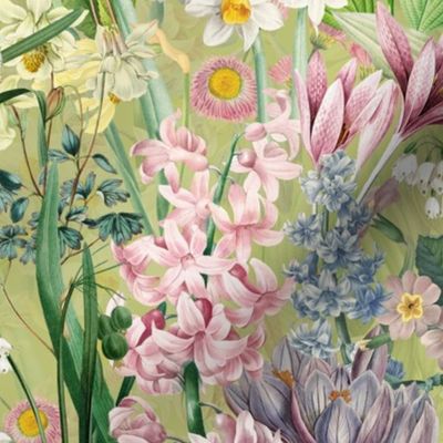 Nostalgic Hand Painted Antique Springflowers Antiqued Daffodil, Vintage Crocus, Lily Primula, Double Layer green