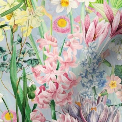 Nostalgic Hand Painted Antique Springflowers Antiqued Daffodil, Vintage Crocus, Lily Primula, Double Layer blue 