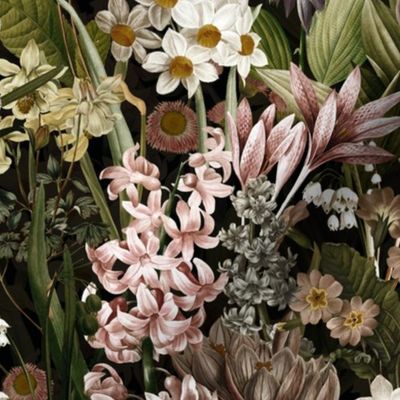 Nostalgic Hand Painted Antique Springflowers Antiqued Daffodil, Vintage Crocus, Lily Primula, Double Layer black