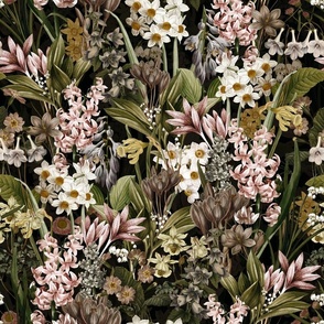 Nostalgic Hand Painted Antique Springflowers Antiqued Daffodil, Vintage Crocus, Lily Primula, Double Layer black