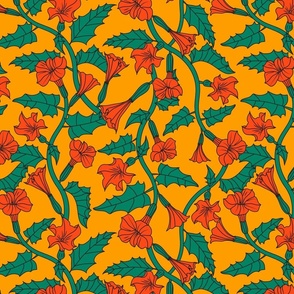 Poisonous Angels Trumpet Floral Pattern in Bright Red, Orange Yellow, Green