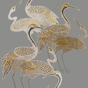 Deco Cranes, Farrow and Ball Plummett Background, 24in x 35.56in repeat scale