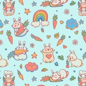 Cute bunnies with colorful rainbow on blue