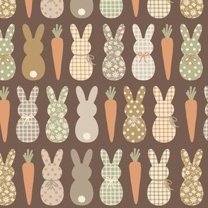 Country Bunnies: Gray Orange Green on Brown (Small Scale)