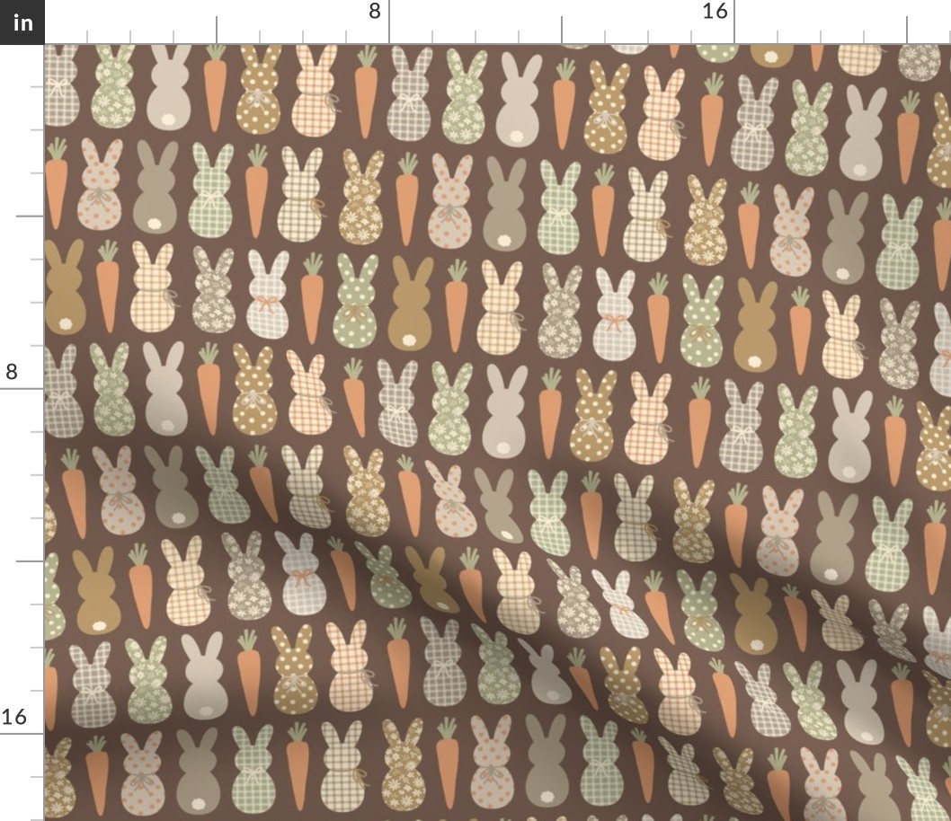 Country Bunnies: Gray Orange Green on Brown (Small Scale)
