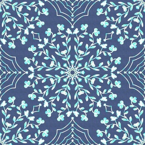 Large Scale Retro flowering vines and webs ice blue on denim blue