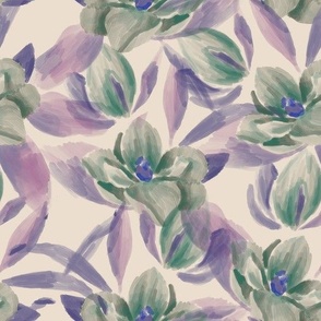 Magnolias Flowers in Green and Purple