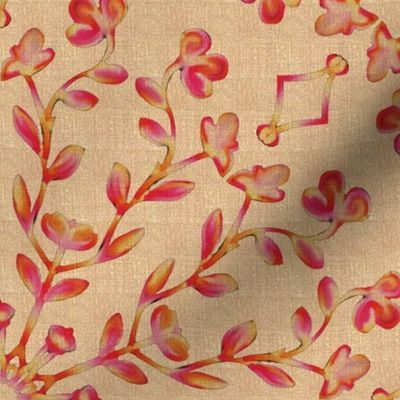 Large Scale Retro flowering vines and webs dark pink on beige linen look