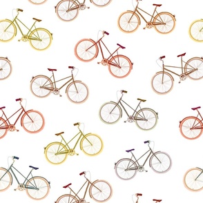 Large | Scattered colourful fun bicycles on white/transparent - whiteness of the given fabric | Amsterdam bikes