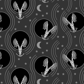 owls flying with moon and stars in black and white