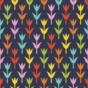Colorful tulips on navy blue