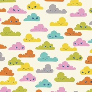 Colorful happy kawaii clouds on a day sky