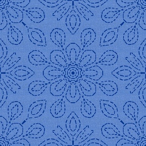 Large Scale Running Stitch Look Kaleidoscope Blue Posies on Blue Linen Look