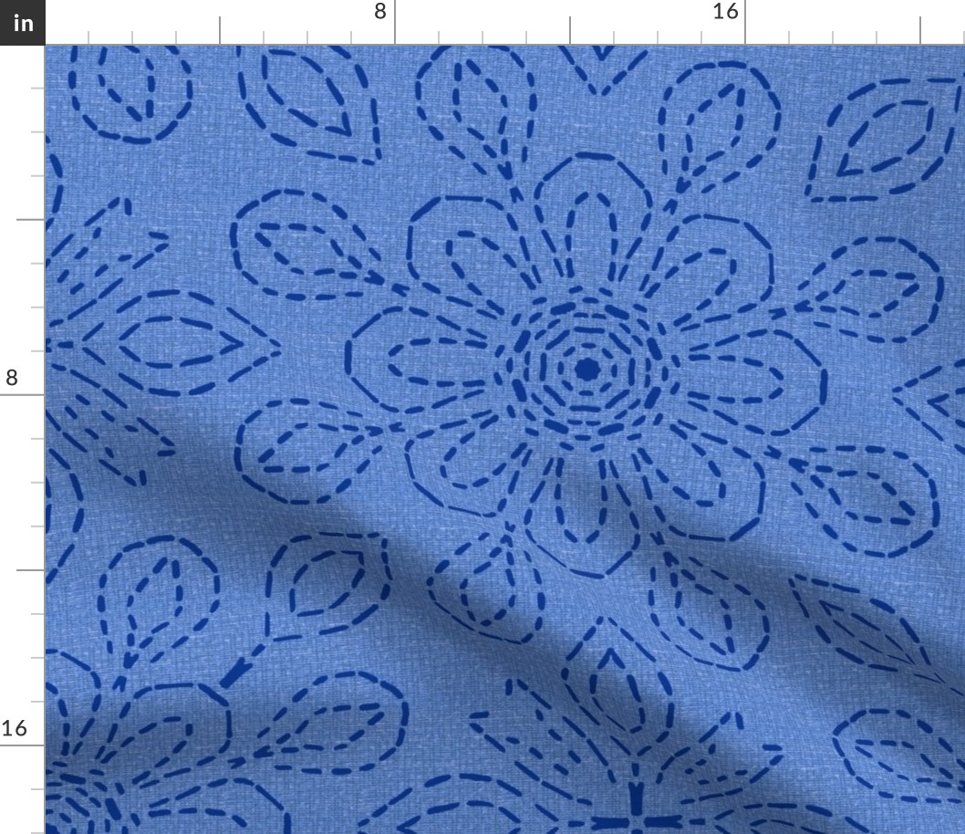 Large Scale Running Stitch Look Kaleidoscope Blue Posies on Blue Linen Look