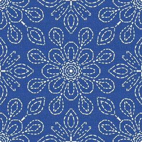 Large Scale Running Stitch Look Kaleidoscope White Posies on Dark Blue Linen Look