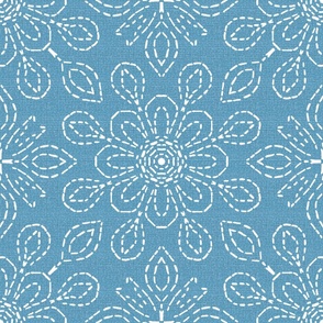 Large Scale Running Stitch Look Kaleidoscope White Posies on Sky Blue Linen Look