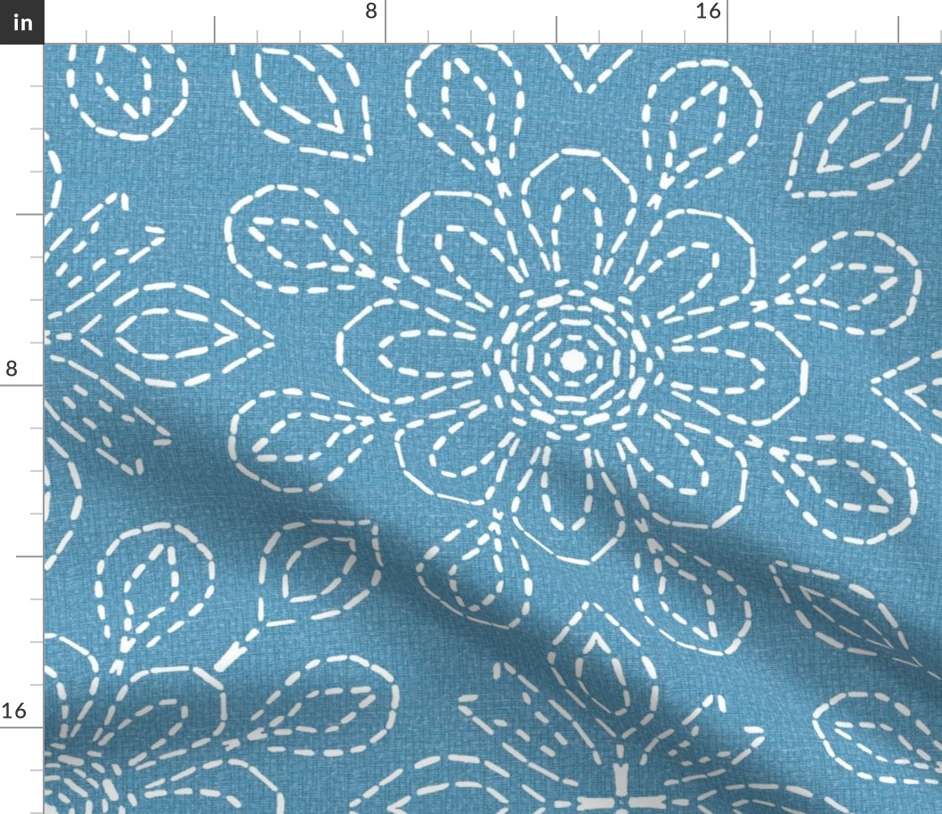 Large Scale Running Stitch Look Kaleidoscope White Posies on Sky Blue Linen Look