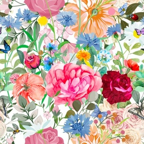 Roses,watercolor,Spring flowers,butterflies,summer,bees,
