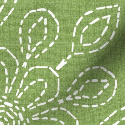 Large Scale Running Stitch Look Kaleidoscope White Posies on Sage Green Linen Look
