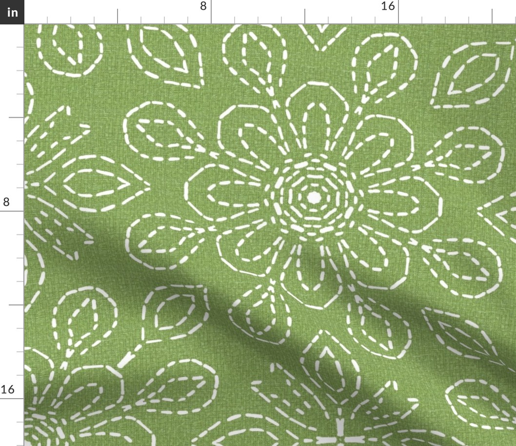 Large Scale Running Stitch Look Kaleidoscope White Posies on Sage Green Linen Look