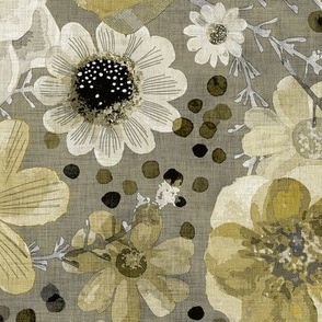 Hand painted Floral Gold- Dark Background- Spring- Neutral Flowers- Monochromatic Multidirectional Flowers Wallpaper- Mustard- Ochre- Yellow- Large