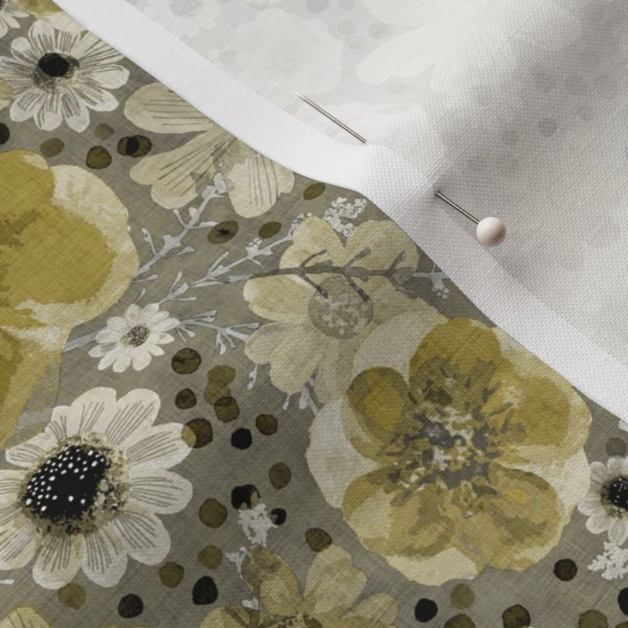 Hand painted Floral Gold- Dark Background- Spring- Neutral Flowers- Monochromatic Ditsy Flowers- Mustard- Ochre- Yellow- Small