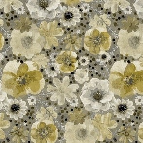 Hand painted Floral Gold- Dark Background- Spring- Neutral Flowers- Monochromatic Ditsy Flowers- Mustard- Ochre- Yellow- Small