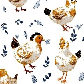 Cinnamon and brown feathered Hen with leaves in navy - Chicken Scratch collection