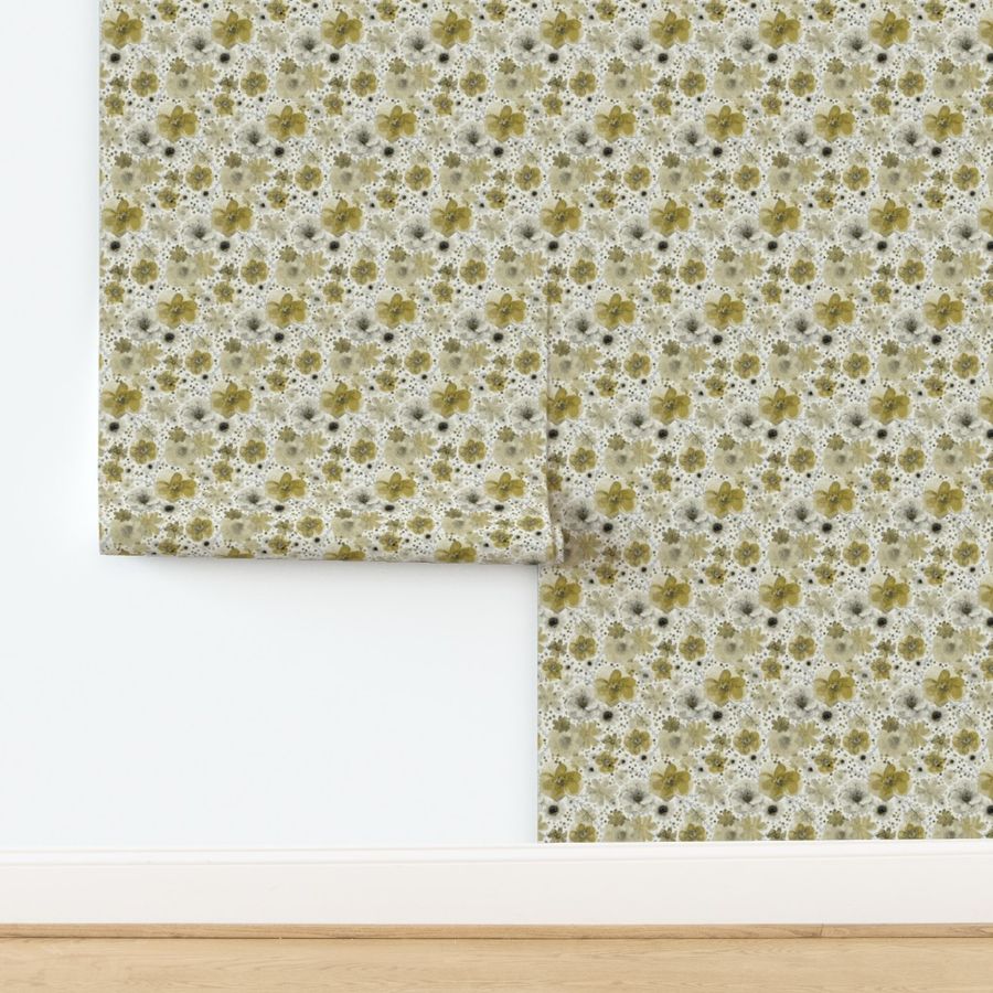 Hand painted Floral Gold- Spring- Neutral Flowers- Monochromatic Multidirectional Flowers Wallpaper- Mustard- Ochre- Yellow- Medium