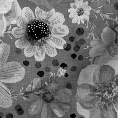 Hand painted Floral Gray Dark Background- Spring- Neutral Flowers- Monochromatic Multidirectional Flowers Wallpaper- Silver- Grey- Large