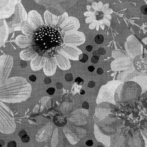 Hand painted Floral Gray Dark Background- Spring- Neutral Flowers- Monochromatic Multidirectional Flowers Wallpaper- Silver- Grey- Large