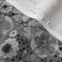 Hand painted Floral Gray Dark Background- Spring- Neutral Flowers- Monochromatic Ditsy Flowers- Silver- Grey- Small