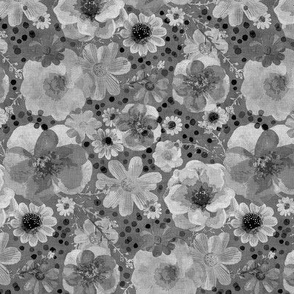 Hand painted Floral Gray Dark Background- Spring- Neutral Flowers- Monochromatic Ditsy Flowers- Silver- Grey- Small