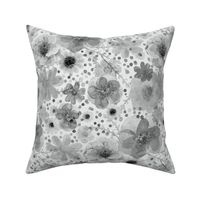 Hand Painted Floral- Silver Gray- Spring- Watercolor Ditsy Flowers- Neutral Grey- Black and White- Grayscale- Multi directional Monochromatic Floral- Medium